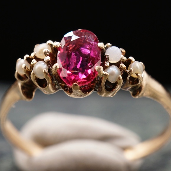 c.1880 Victorian Engagement Ring .52ct 6.5x4mm Natural Ruby Seed Pearls 14k - Picture 9 of 12